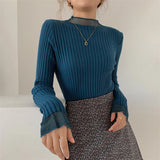 Nukty Spring Half Turtleneck Knitted Women's Sweaters New Mesh Patchwork Long Sleeve Bottoming Sweater Female Slim Tops