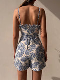 Nukty Summer Floral Short Jumpsuits Women Sexy White Backless Lace-up Beach Playsuit Fashion Wide Leg Rompers Womens Jumpsuit