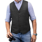 Nukty Men's Casual Classic Suit Vest V Neck Herringbone Tweed Slim Fit Business Waistcoat For Wedding