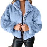 Nukty Rabbit Fur Imitation Fur Zipper Plush Warm Jacket Long Sleeve Short Coat Winter Women Crop Top Casual Solid New In Outwear Pink