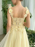 Nukty Yellow Floral Prom Dresses Lace Applique Tulle with Belt Spaghetti Strap Long Sweep Train Graduation Homecoming Evening Gowns