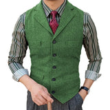 Nukty Men's  Vest Slim Fit Suits Vest Herringbone Tweed Notch Lapel Wool Business Casual Waistcoat Grossmen For Wedding