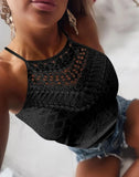 Nukty Women's Casual Slim Knitted Tank Top Summer Female Clothing New Fashion Women Jacquard Halter Lace Trim Sleeveless T-Shirt