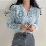 Nukty Fluffy Mohair Cardigan V-Neck Gold Button Up Sweater for Women Autumn Winter