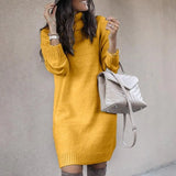 Nukty comfy outfits winter Knee-length Dress Women Loose Dress Long Sleeve Autumn Turtleneck Warm Knitted Sweater Knee-length Dress