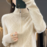 Nukty 100% Merino Wool Women's Turtleneck Sweater Autumn Winter Casual Knit Loose Top Fashion Zipper Half Open Neck Cashmere Pullover