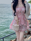 Nukty Summer Pink Floral Y2k Mini Dress Woman Sweet One Piece Dress Korean Fashion Chiffon Long Sleeve Short Party Dress Beach