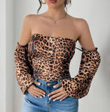 Nukty Women's Fashion Sexy Leopard Print Sexy Slim Short Jumpsuit Female Clothing Long Sleeve Retro Sweet and Spicy Tight Bodysuit