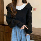 Nukty Rimocy Long Sleeve Cropped Sweater Women Autumn Winter Turn Down Collar Knitted Jumper Woman Korean Style Solid Color Jerseys