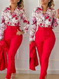 Nukty business casual outfits Elegant Women Printed Two Piece Suit Sets Spring Autumn V Neck Long Sleeve Shirt Top & Long Pants Set With Belt Workwear Outfits