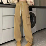 Nukty Autumn Winter Women Pants Elastic Waist Drawstring Large Pocket Trousers Youthful Loose Casual Sports Solid Straight Cargo Pant