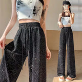 Nukty Party Casual Women's Long Pant Elegant Retro Drawstring Club High Street Diamond Elastic Waist Wide Leg Pants Women's Trousers