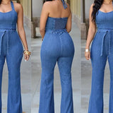 Nukty Women One Piece Solid Denim Jumpsuits Sleeveless V Neck Rompers Wide Leg Long Pants Overalls Sexy Slim Fit Hight Waist