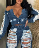 Nukty Sexy Womens Outfit High Waist Pocket Design Ripped Jeans Pants Autumn Summer Spring New Fashion Casual