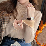 Nukty Women Ruffles Mock Neck Sweater Thicken Autumn Fleece Warm Thermal Pullover Cashmere Sweater For Women Winter