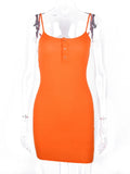 Nukty Button Ribbed Strap Mini Dress For Women Summer Neon Orange Clothes Slim Bodycon Sexy Streetwear Party Club Outfit