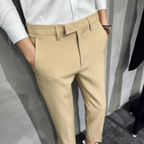 Nukty 2024 Summer Fashion Mens Dark Green Suit Pants Pure Color Business Occupation Slim Fit Dress Office Ankle Trousers