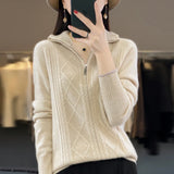 Nukty 100% Merino Wool Women's Turtleneck Sweater Autumn Winter Casual Knit Loose Top Fashion Zipper Half Open Neck Cashmere Pullover