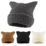 Nukty Winter Lambswool Hats For Women Cute Cat Ears Beanie Soft Warm Knitting Cap Cuffed Skullies Fashion Street Hip Hop Hat