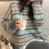 Nukty Fair Isle Sweater Argyle Oversized Crew Neck Pullovers Women Knit Jumper Autumn Winter Vintage Outfit