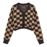 Nukty Checkerboard Crop Cardigan V-neck Button Up Knitted Sweaters Women Autumn Winter Outfit
