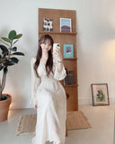 Nukty Korean Floral Print Midi Dresses for Women Summer New Pleated Slim Waist V-neck Long Sleeves Chiffon Sweet Female Clothing