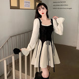 Nukty Spring Autumn Vintage Patchwork Y2k Sweet Kawaii Party Dresses for Women Casual Lace Up Bow Harajuku Long Sleeve Club Mini Dress