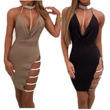 Nukty Sexy Suspender Wrap Hip Skirt Side Slit Hot Drill Low Cut Hanging Neck Tight Club Dress