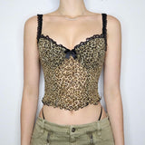 Nukty Leopard Print Mesh Camis Streetwear Y2K Vintage Lace Bow see Through Sexy Summer Backless Crop Top Women Mini Vest 2024