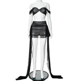 Nukty Women Sexy Double Layered Mesh 2 Piece Set Off Shoulder Twist Strapless Crop Top + Ribbon Ruched Mini Skirts Party Clubwear Suit