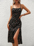 Women Floral Print Spaghetti Straps Summer Boho Beach Dress Print Elegant  Suspenders Square Neck Slit Dress Vestidos