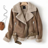 Nukty Women Faux Fur Lambwool Coat Suede Jackets with Belts Casual Thick Warm Biker Jackets Zipper Oversize Leather Windbreaker