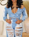 Nukty Sexy Womens Outfit High Waist Pocket Design Ripped Jeans Pants Autumn Summer Spring New Fashion Casual