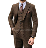 Nukty 3 Piece Grey/Brown Mens Tweed Herringbone Wedding Suit Prom Tuxedos  Peak Lapel Tweed for Business Slim Fit (Blazer+Vest+Pants)