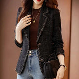 Nukty Autumn Winter Ladies Casual Blazer Women Black Green Beige Plaid Jacket Female Long Sleeve Single Breasted Slim Coat