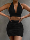 Nukty Lace Up V Neck Sexy Hollow Out Two Piece Set Women Backless Sleeveless Pleated Bodycon Mini Dress Summer Female