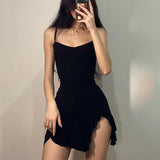 Nukty Summer Sexy Mini Dress Women Sleeveless Streetwear Strap Backless Bodycon Folds Split Dress Party Club Elegant A- LINE Dresses