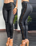 Nukty Women Pants Autumn Fashion Crochet Lace Patch Zipper Design PU Leather High Waist Skinny Long Pants Female