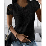 Nukty Women Lace Hollow T Shirt Top Fashion Round Neck Long Sleeve Office Lady Blouses Casual Vintage High Street Boho Tops All Season