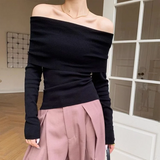Nukty Black Solid Off Shoulder Elegant Long Sleeve Tops Korean Fashion Slim Sexy Cropped T Shirt Women Autumn Y2k Clothing Skinny Top