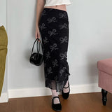 Nukty y2k Floral Print Midi Skirts Women High Waisted Velvet Long Skirts Vintage Punk Gothic Grunge Slim Split Bottom Korean