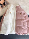 Nukty Cute Embroidery Women Parkas Coat Winter Thick Hairy Korean Loose Warm Jacket Double Sided Design Pink Student Clothes