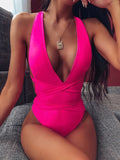 Nukty Sexy Solid One Piece Swimsuit Women Push Up Lace Up Bandage Bodysuit Brazilian Deep V Neck Backless Bathing Suit Swimwear