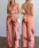 Nukty Summer New Women's Suit Sexy Sleeveless Backless Womens Outfits Leaf Print Crop Top & Wide Leg Pants Set Long Pants 2 Piece Sets