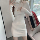 Nukty Women Autumn Turtleneck Thicken Warm Bodycon Dress Long Sleeve Knit Solid Office Pullover Dress For Women Winter