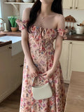 Nukty Korean Chic One Line Collar Contrast Color Pleated Waist Slim Strapless Floral Dress For Women 2024 Spring Summer