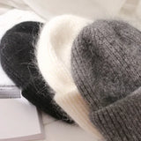 Nukty 21colors Autumn Angola Rabbit Fur Knitted Beanies Winter Skullies Women's Hat Fashion Solid Warm Cashmere Wool Three Fold Thick