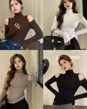 Nukty Turtleneck Off Shoulder Long Sleeve T-shirt Women's Thin Velvet Slim Bottom Shirt Spring and Autumn Korean Style Hollow Out Tops