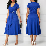 Nukty Elegant Women Solid Color Short Sleeve V Neck Asymmetric Hem Waist Tight Midi Party Dress Ladies Evening Vestidos