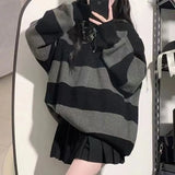 Nukty Women Knitted Sweatshirt Korean Fashion Stripe Female Loose Long Sleeve Sweater Casual Streetwear Jumper Autumn New